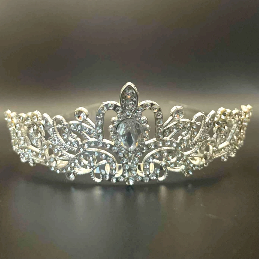 Elegant Bridal Tiara Silver with Rhinestones Wedding Princess Crown Centre Stone
